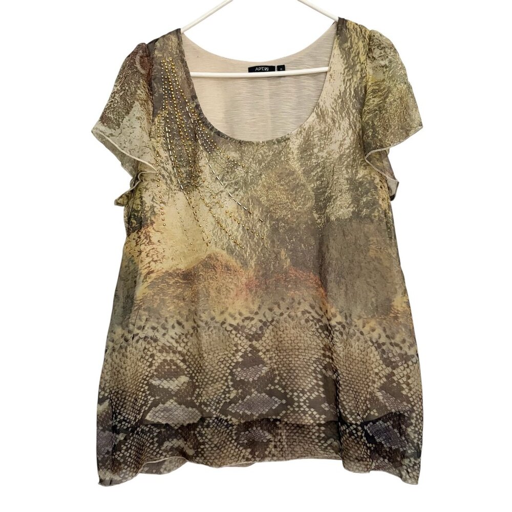 APT. 9 Women's 1X S/S Brown Beige Abstract Snake Print Embellished Blouse Top